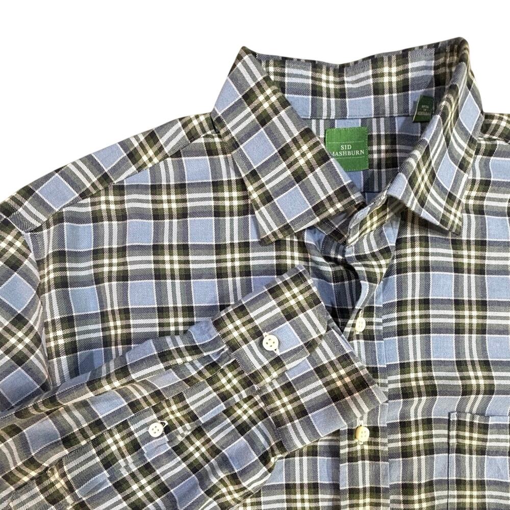 Sid Mashburn Blue/Green Plaid Cotton Twill Flannel Sport Shirt Large Old Money